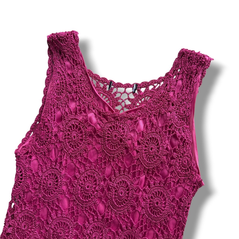 Women Magenta Pink Floral Medallion Overlay Crochet TankTop Rayon Y2K Barbiecore